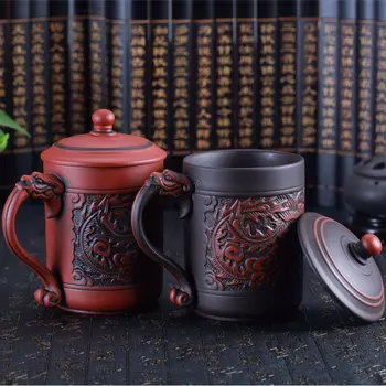 Kinijos Stiliaus 500ml Raudonos Molio daug Arbatos Puodeliai Klasikinės Keramikos dviejų Spalvų Iškilumo Drakonas Ir Feniksas Taurė