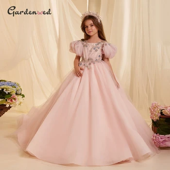 Gardenwed Nėrinių Gėlių Mergaitės Suknelė, Uždusęs Dramblio Kaulo Vestuvės Suknelės Cute Baby Girl Suknelė Princesė Dress Pirmos Komunijos Suknelė