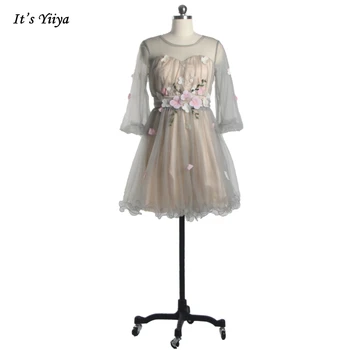 Tai Yiiya vakarinę Suknelę Pilkos spalvos Tiulio O-kaklo Gėlių Trijų Ketvirčių Rankovėmis Kelio ilgis, Dydis 2, Šalinimo Šalies Suknelės Moterims ZP007
