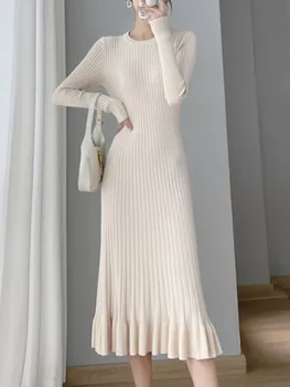 Rudenį Moterų Mados Elegantiška Megzta Suknelė Ilgomis Rankovėmis Derliaus Atsitiktinis-Line Solid Džemperis Suknelės Moteriška Elegancija Šalies Vestidos