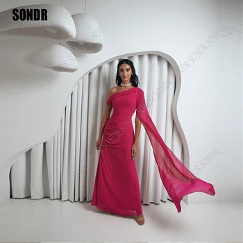 SONDR Saudo arabų Moterų Rožinė Seath Šifono Vakaro Suknelės ilgomis Rankovėmis Vieną Petį Prom Chalatai Oficialų Šalis Suknelė Vestidos