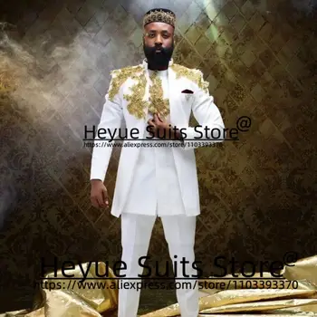 Afrikos Luxuly Siuvinėjimo Vyrams Kostiumai Slim Fit Stovėti Apykaklės Jaunikis Vestuvių Tuxedos Prom 3 Gabalus Rinkiniai Trajes Elegante Para Hombres