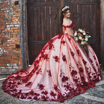 Raudona 3D Gėlių Nėrinių Kamuolys Suknelė Quincenara Suknelės nuo Peties Kristalų Duobute Korsetas Saldus 16 Vestidos De XV Años