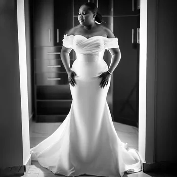 Undinė Vestuvių Suknelė nuo Peties White Satin Paprasta Chalatai Ilgas Berankovis Brangioji Afrikos Nuotakos Suknelės 2023