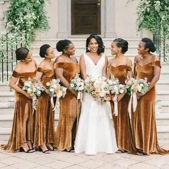Nuo Peties Bridesmaid Dresses 2023 Aksomo Valtis Kaklo Undinė Aukštos Plyšiais Vestuvės Dress Afrikos Ilgai Prom Oficialų Suknelė