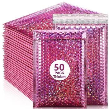 50Pcs Holografinis Mailer Lazerinė Pink Pašto Voką Vandeniui Kurjerių Krepšys su Paminkštinimu Burbulas Paketai, Pakavimo Krepšys Pristatymas