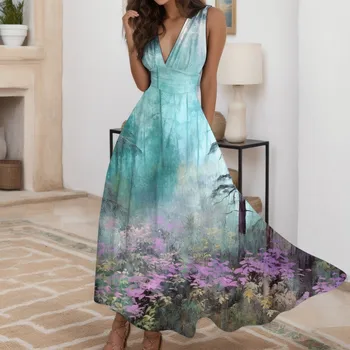 Gėlių Atspausdintas Prom Ilga Suknelė Elegantiškas 2023 Vasaros Atsitiktinis V-Kaklo, Rankovių Aukštos Juosmens Suknelė Temperamentas Slim Puoštas Suknelė