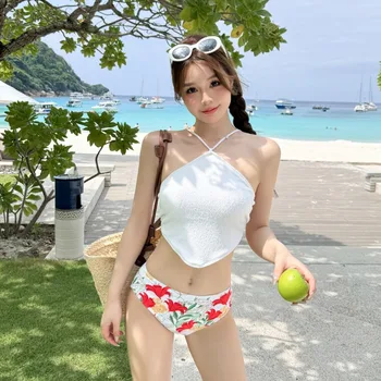 Korėjos Dviejų dalių Bikini Moterims Seksualus Bellyband Šviežių Gėlių Padalinta Kūno maudymosi kostiumėlį, Kirto Atgal Dirželis Backless Vidurio Juosmens Paplūdimio
