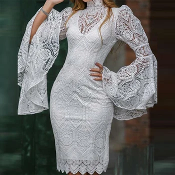 Mados Blyksnius Rankovės Tuščiaviduriai Perspektyvos Midi Suknelė Elegantiškos Moterys Balto Golfo Dress&Pamušalas Prabangūs Nėriniai Siuvinėjimo Slim Suknelės