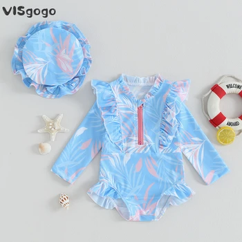 VISgogo Baby Girl maudymosi kostiumėlį, 2 Vnt Apvalios Kaklo, ilgomis Rankovėmis Lapų Zip-Up maudymosi kostiumėlį + 3D Lankas Plaukti Skrybėlę Kūdikiams, Vaikiška Maudymosi Apranga