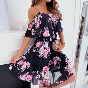 Moterų 2023 spausdinti suknelė vasaros mados spageti dirželis berankovis suknelė Atostogų