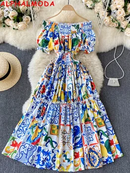 ALPHALMODA 2022 Vasaros Gėlių trumparankoviai Velniop Kaklo Moterų Atsitiktinis Atostogų Suknelė Ponios Mados Resort Suknelė