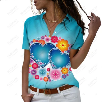 Moters trumpas rankovėmis marškinėliai, atvartas mygtuką stilius, 3D atspausdintas drabužių, paprasta ir atsitiktinis, mielas meilės modelį, vasaros negabaritinius