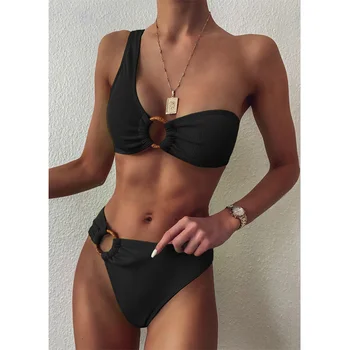 Vienos Pečių Bikini Moterų maudymosi kostiumėlį Aukšto Juosmens Maudymosi kostiumai Seksualus Žiedai Biquini Juoda Briaunoti Paplūdimio 2023 Brazilijos Bikini