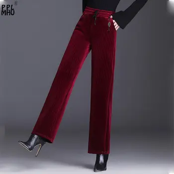 Aukštos Juosmens Šiltas Negabaritinių Plius Aksomo Tiesiai Pants Plus Size 5XL Elegantiškas Kelnės Žiemos Storo Aksomo Pločio Kojų Kelnės Moterims