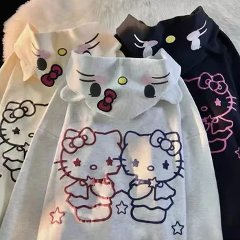 Sanrio Hello Kitty Gobtuvu Kailis Animacinių Filmų Spausdinti Zip Iki Hoodie Negabaritinių Y2k Saldus Mergaičių Palaidinukė Kitty Cat Cardigan Streetwear