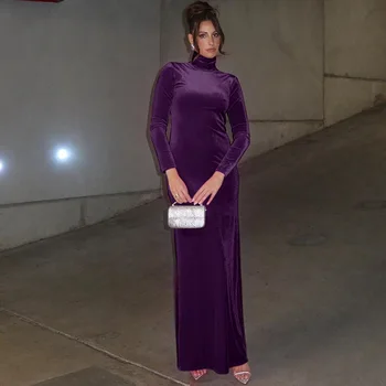 Elegantiškas Golfo ilgomis Rankovėmis Aukštos Juosmens Kietas Aksomo Suknelės Moterų 2023 Rudens Žiemos Bodycon Ilgą vakarinę Suknelę Streetwear