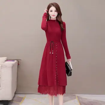 2023 Moterų Drabužių Korėjos Pusę Aukštis Apykaklės Suknelės Jungiamąją Ilgomis Rankovėmis Puloveriai) Su Nėrinių Kratinys Streetwear Elegantiškas Paprastumas
