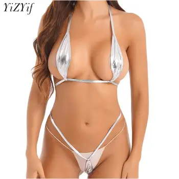 Moterų Blizga Metalo Micro Bikini Komplektas 2vnt Paplūdimio maudymosi kostiumėlį, Seksualus Brazilijos Apynasrio Maudymosi kostiumai bei kelnaitės Nėriniai-Up Liemenėlė T-Atgal Dirželius Maudymosi Kostiumas