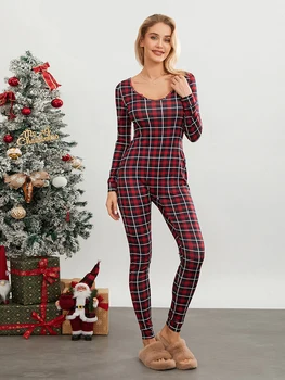 TDY-YYDS moteriški Kalėdų Jumpsuit Seksuali Pižama ilgomis Rankovėmis Bodycon Bodysuit Romper Sleepwear
