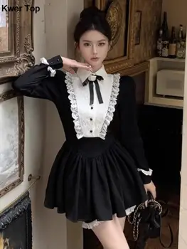 Prancūzijos Elegantiškas Nėrinių Kratinys Mini Suknelė Nustatyti Moterų Saldus Šalies Lolita 2 Gabalas Tinka Rudens Derliaus Y2K Komplektus Drabužių