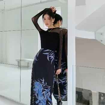 2023 moteriški Drabužiai Suknelė Dizaino Prasme Naują Kinų Stiliaus Juoda Bambuko Lapų Spausdinimo Retro Padalinta Aukštos Juosmens, vidutinio Ilgio Sijonas
