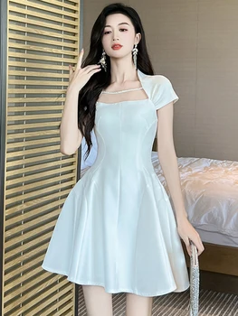 2023 Saldus Girly Moterų prancūzijos Trumpa Suknelė Elegantiška Balta Sūpynės Kamuolys Suknelė Femme Šalies Prom Vestidos Mujer Atostogų Pažintys, Drabužiai