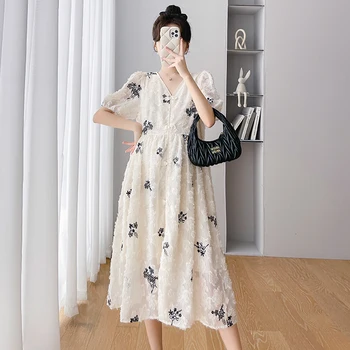 9994# 2023 Vasaros korėjos Mados Motinystės Ilga Suknelė Elegantiškas, Stilingas Siuvinėjimo Linijos Drabužius Nėščioms Moterims Nėštumo