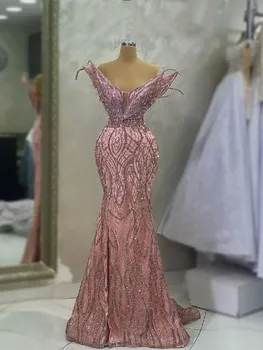 Rožinė Undinė Vakaro Suknelės Rankovių Giliai V Kaklo Blizgančiais Zawalcowany Appliques Deimantų 3D Nėrinių Pusėje Ritininės Prom Dresses Užsakymą