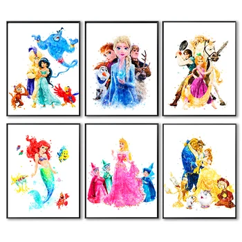 Sienos Menas Nuotraukos, Vaikų Kambarys Akvarelė Princesė Disney Animacinių filmų Personažus, Drobė Spausdinti Plakato ir grafika, Tapyba apdaila