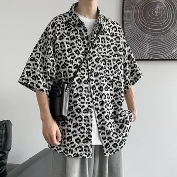 Mados Atsitiktinis Streetwear korėjos Leopard Prarasti Mygtuką Gražus Marškinėliai Pavasario Vasaros Plonas Vyrų Drabužiai Turn-žemyn Apykaklės Viršūnės