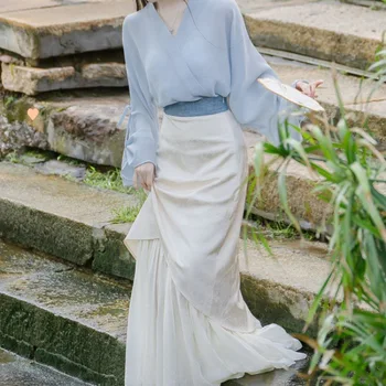 Pagerėjo Hanfu Elegantiškas Kostiumas Viršuje&Vintage sijonas Arklys-Veido Sijonas Moterims Atsitiktinis Kinų Stiliaus Kostiumas Mėlynas Hanfu Drabužius Cheongsam