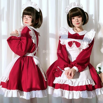 Plius Dydžio Kambarinės Cosplay Akihabara Katė Mergina Raudona Ilgas Rankovėmis Puikus Maidservant Lolita Dress Anime Coffee House Drabužių, 3 dalių