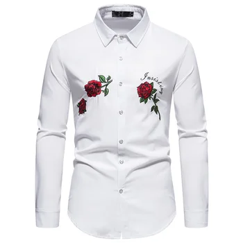 Gėlių Siuvinėjimas Vakarų Kaubojus Marškinėliai Vyrams 2023 Brand Slim Fit Ilgomis Rankovėmis Mygtuką Aukštyn Suknelė Marškiniai Vyrai Vestuves Marškinius Vyras