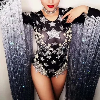 Naujas Moterų Sexy Bodysuit Juoda Dainininkas Pakraštyje Kristalais, Kutas Džiazo Dj Kostiumas Kalnų Krištolas Šokėja Naktiniame Klube Etape Šalies Drabužių