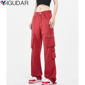 Harajuku Streetwear Raudona Krovinių Kelnės Moterims, Hip-Hop Negabaritinių High Street Y2K Kišenės, Platus Kojos Juodos Jogger Kelnės Moteriška
