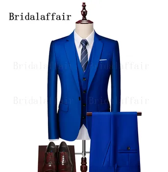 Bridalaffair Mens Royal Blue Tinka Elegantiškas Vestuvių Prom Tuxedos Kostiumai Vyrams 3pcs Švarkas Kelnės, Liemenė Nustatyti Kostiumas Homme Slim Fit