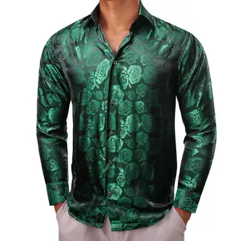 Prabangūs Marškinėliai Vyrams Šilko Satino Žalia Gėlė ilgomis Rankovėmis Slim Fit Vyriškos Palaidinės, Topai Kvėpuojantis Drabužių Streetwear
