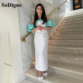 SoDigne Tiesiai White Blue Saudo Arabija Šalis Suknelės Sławna Dress Nuo Peties Korsetas Oficialų Prom Baigimo Suknelė