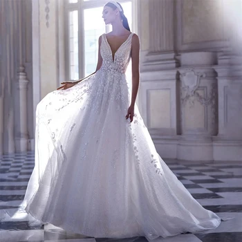 Furtanseo Senovinių Vestuvių Suknelės, Blizgučiai Nėriniai Giliai V-Kaklo, Sparkly 3D Gėlės Appliques Vestuvinės Suknelės Backless Nuotakos Suknelė 2023