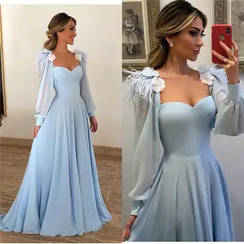 Kuklus Šviesiai Mėlyna Plunksna Vakaro Suknelės 2023 Linijos ilgomis Rankovėmis Prom Chalatai, Plius Dydis Pigūs 3D Gėlių arabų Šalis